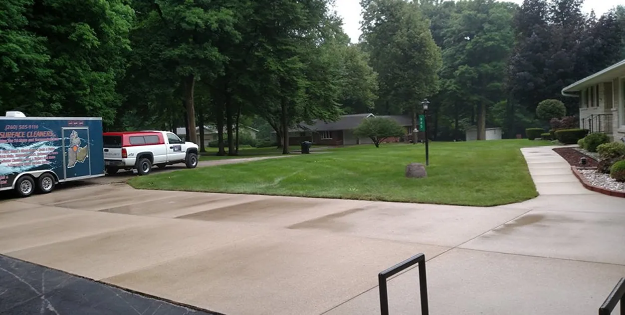 H2O truck and trailer beside a freshly cleaned concrete driveway
